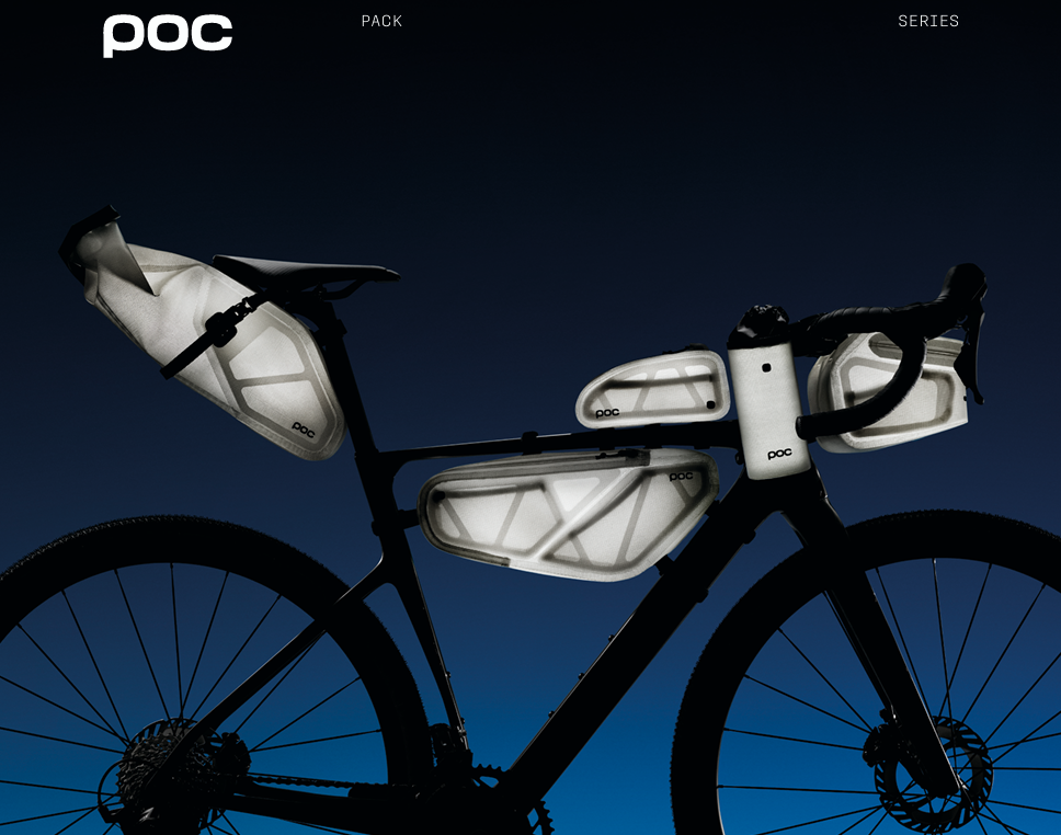 Black gravel bike silhouette with white POC bikepacking bags on saddle, frame, top tube and handlebars against deep blue gradient