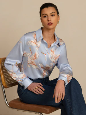 Image of Camicetta Donna In Seta Pura 19 Momme Maniche Lunghe Collo A Rever Stampa Gru Con Bottoni