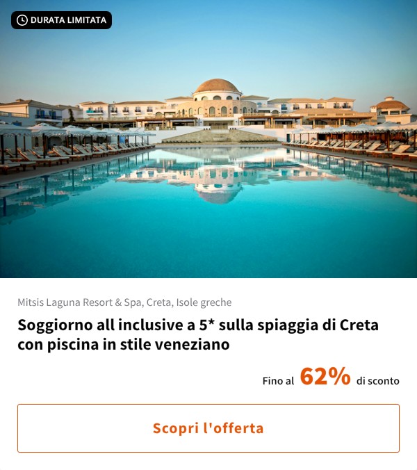 Soggiorno all inclusive a 5* sulla spiaggia di Creta con piscina in stile veneziano