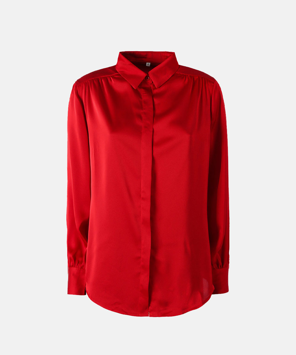 Red women's silk long-sleeve button-up blouse with pointed collar and cuffed sleeves, concealed front placket