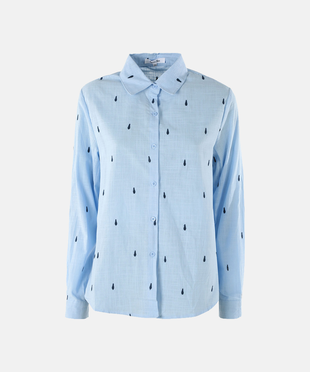 Light blue long-sleeve button-up shirt with small navy teardrop print and classic collar