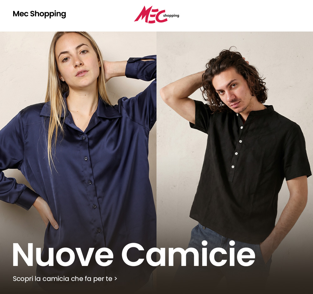 Two models wearing new shirts: woman in navy satin button-up and man in black short-sleeve henley, MEC Shopping banner