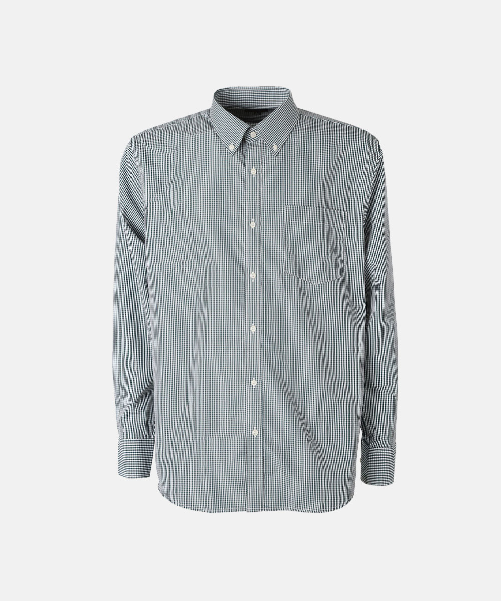Men's long-sleeve button-down gingham shirt in navy and white small check, front view on plain light background