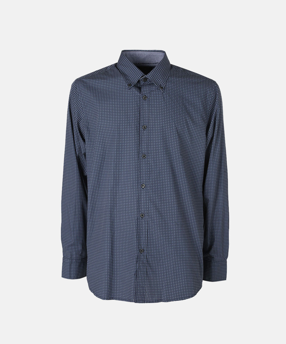 Men's navy long-sleeve patterned button-up shirt with button-down collar on white background