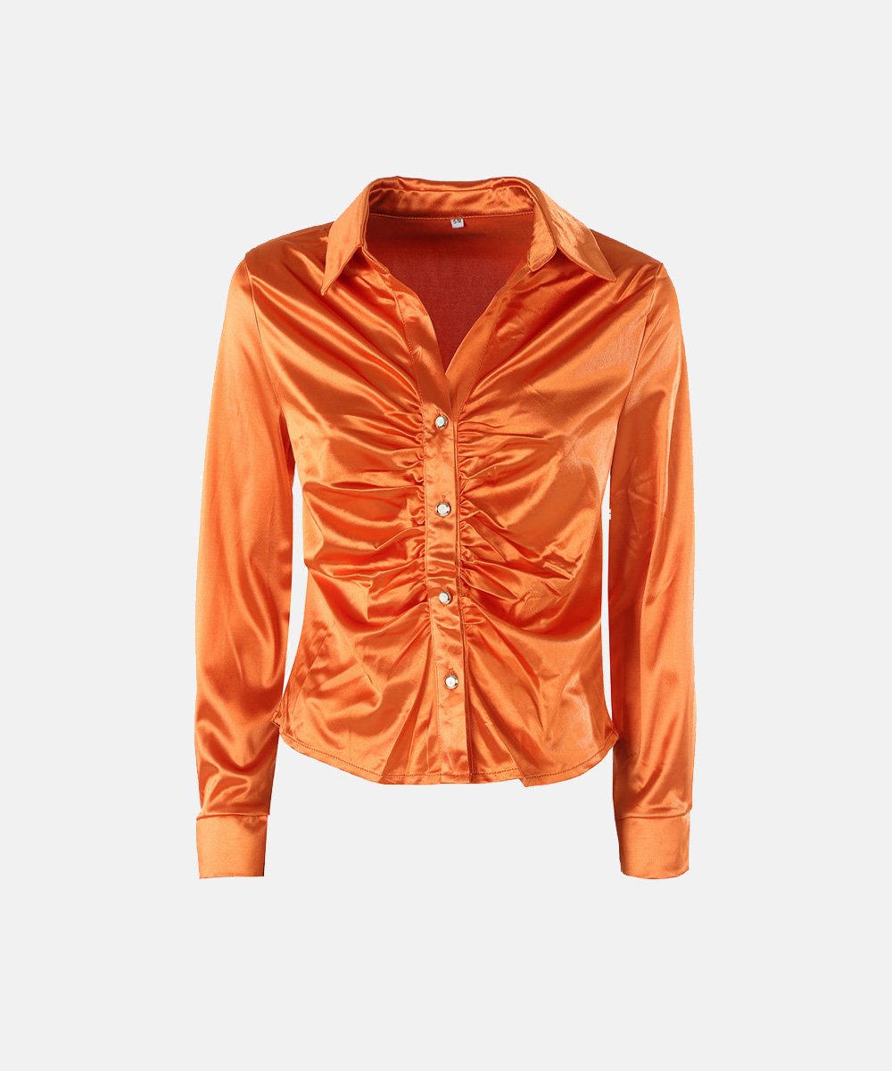Orange satin long-sleeve ruched button-up blouse with pointed collar and front pearl buttons