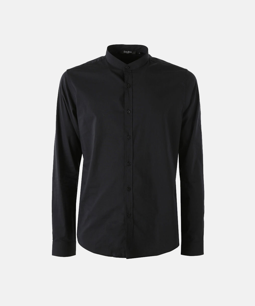 Men's black mandarin-collar long-sleeve button-up shirt, slim-fit cotton blend in minimalist formal-casual style