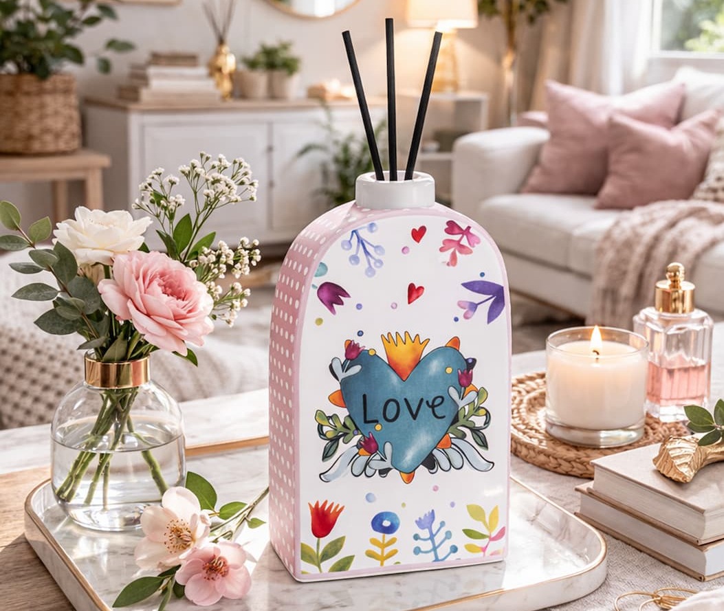 A mug with a character and a tray with hot air balloons on a wooden table.