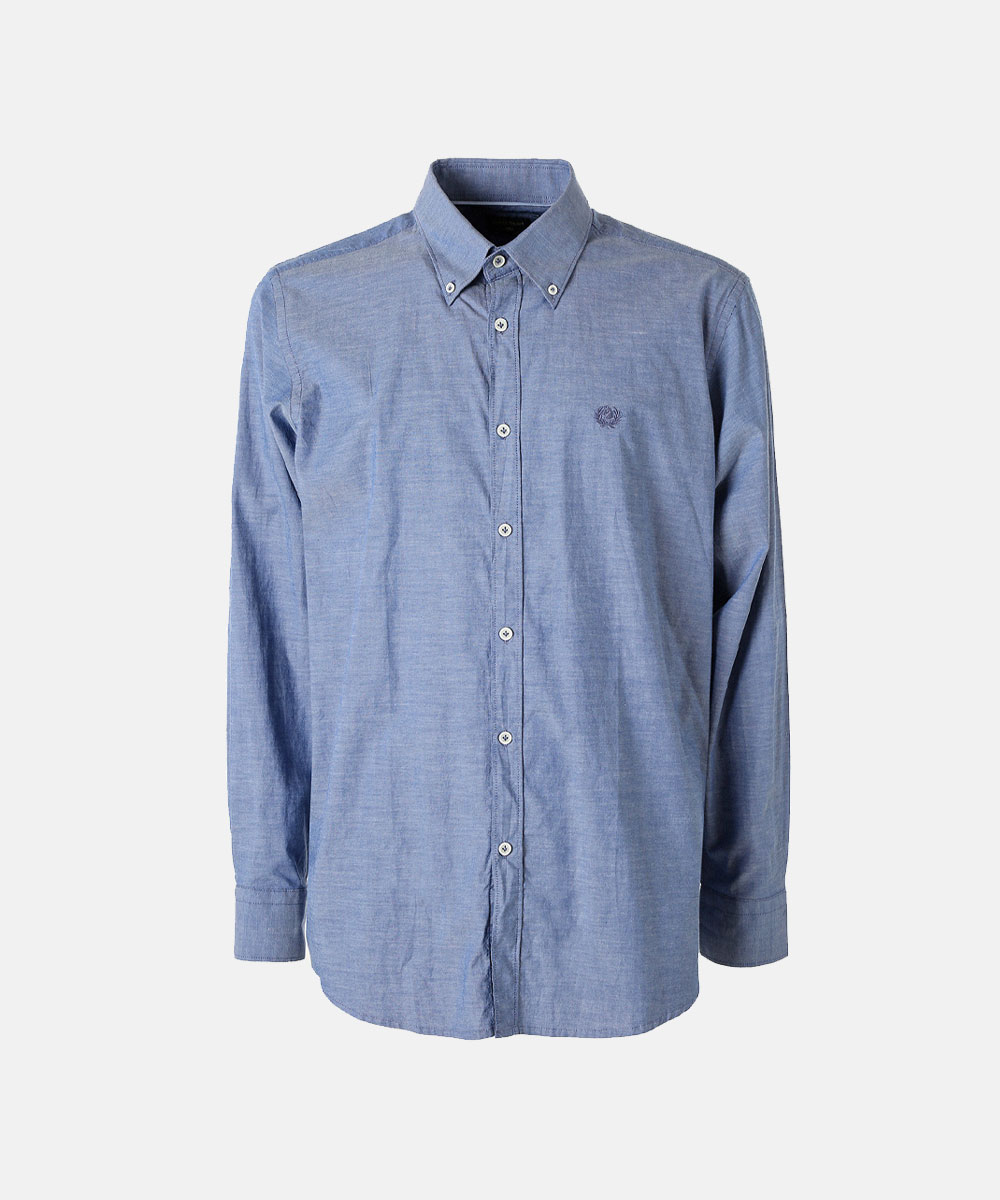 Men's light-blue long-sleeve button-down shirt with button collar and subtle embroidered chest logo