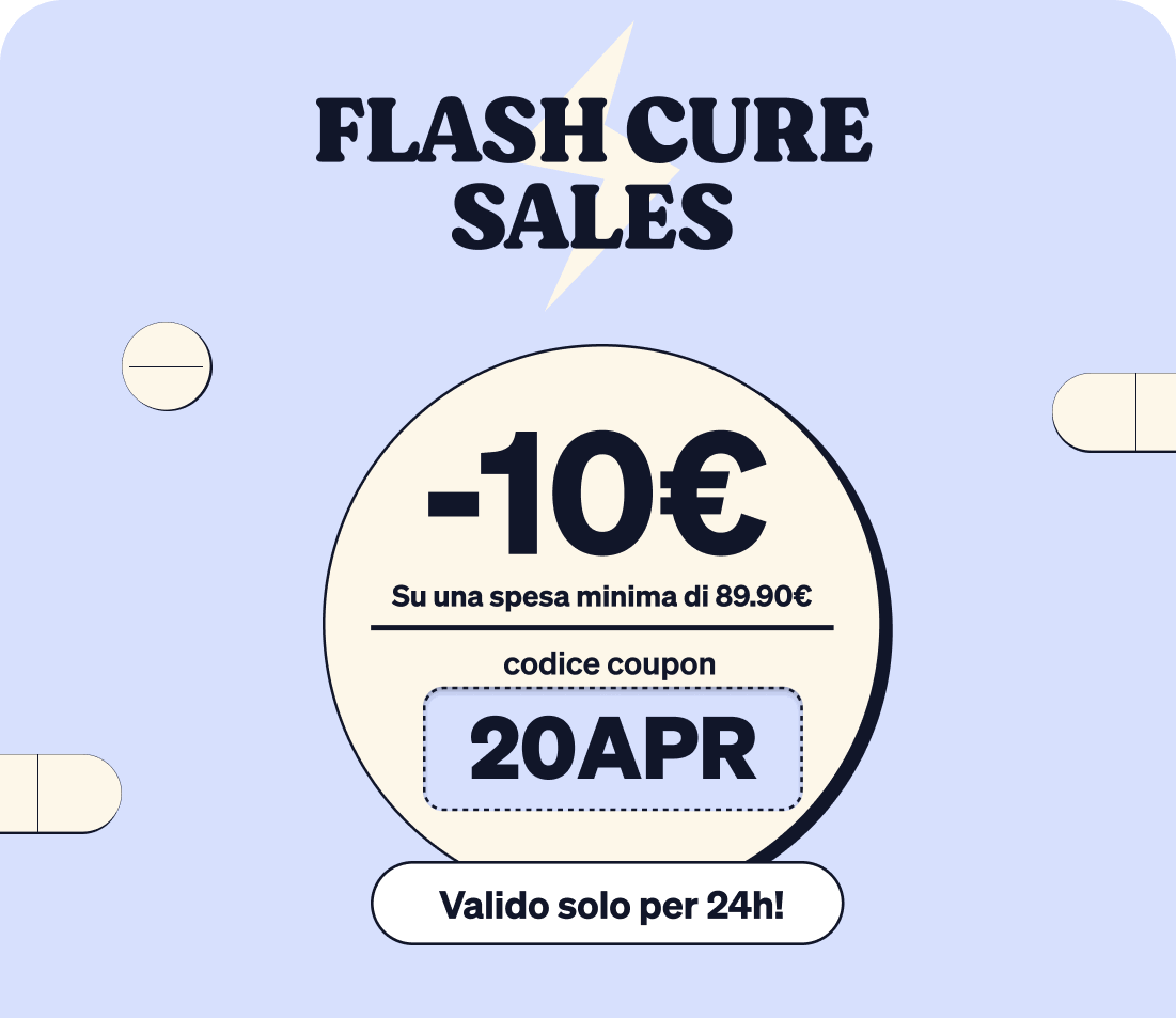 Patterned graphic of four 'FLASH CURE SALES' coupons on a blue background showing -10€ discount, coupon code 20APR and 'valid 24h' with pill icons