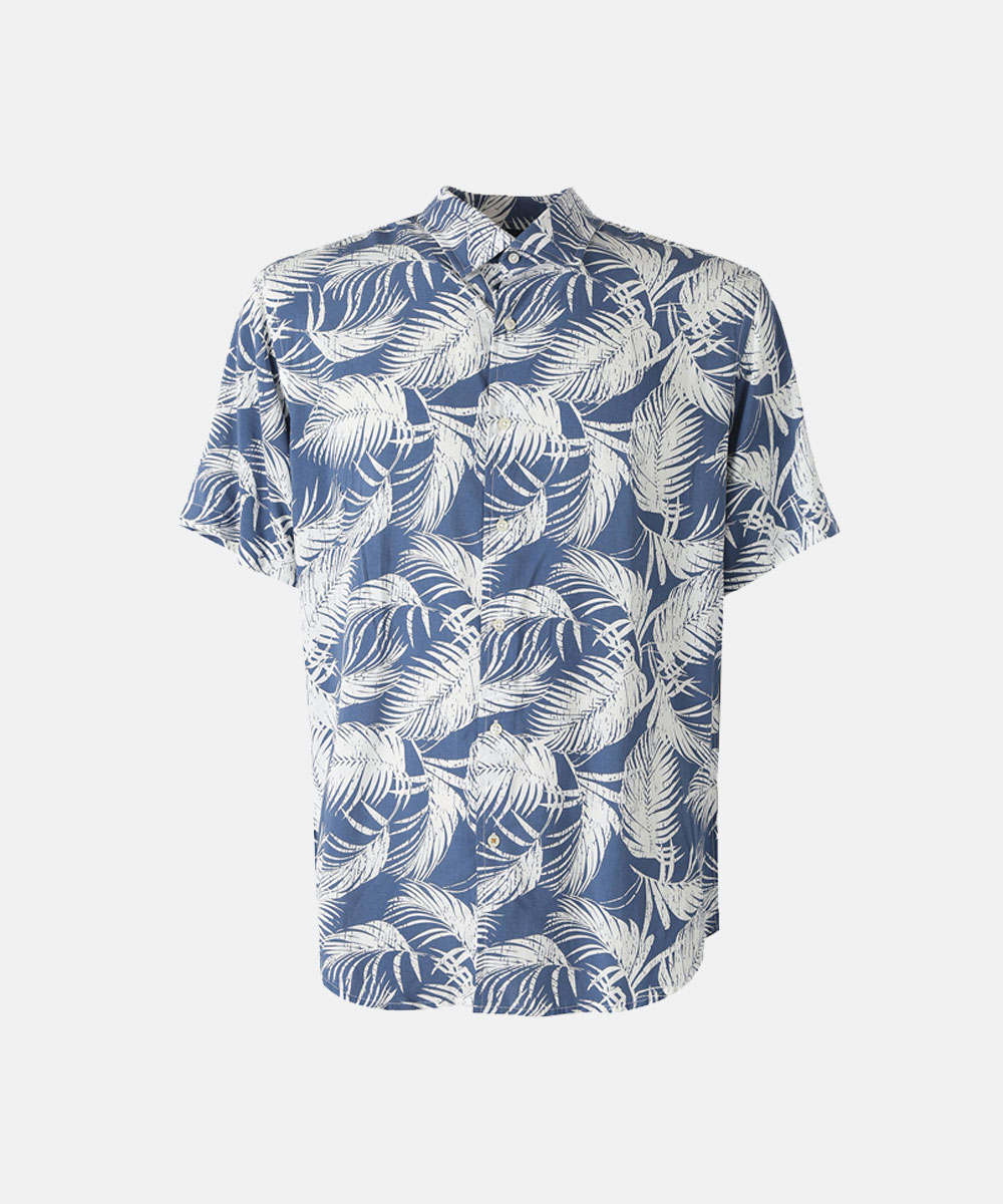 Blue short-sleeve button-up shirt with white palm-leaf print, front view on white background