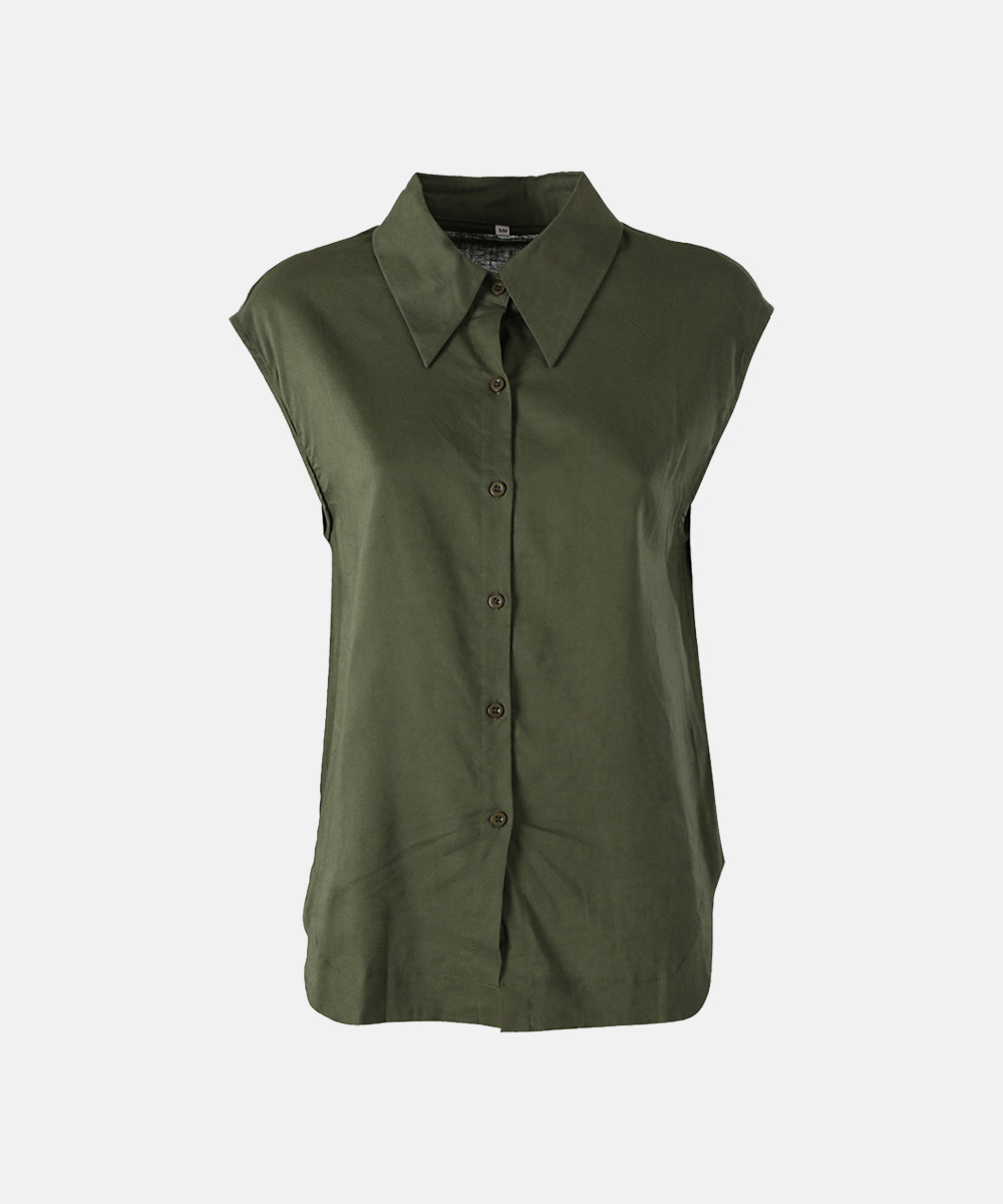 Women's sleeveless olive-green button-up shirt with pointed collar and relaxed fit