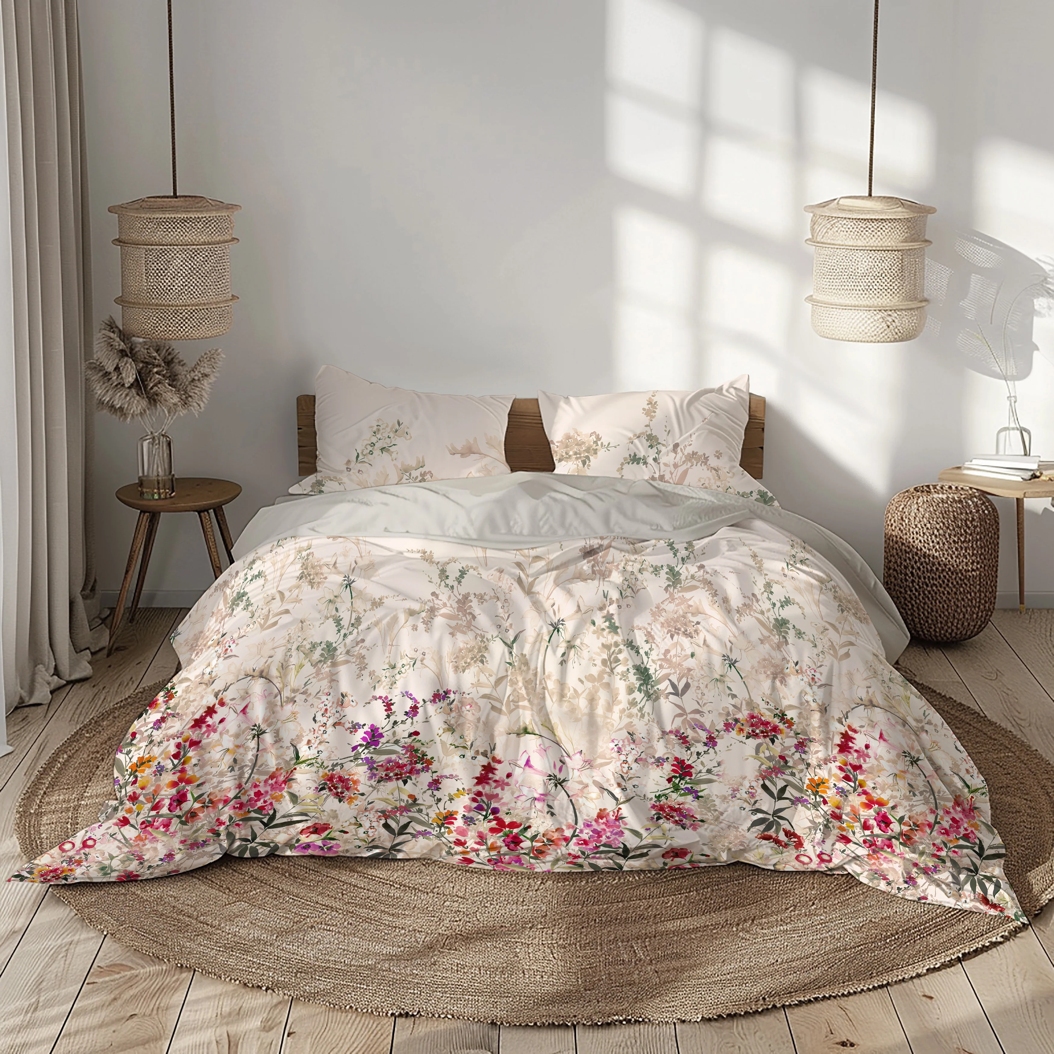 Image of Parure Copripiumino in Percalle di <br>Cotone con Stampa Floreale - <b>Bloomscape