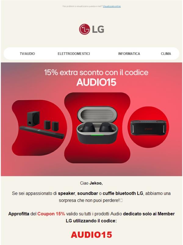 🎶Il meglio dell'audio LG con 15% extra sconto!