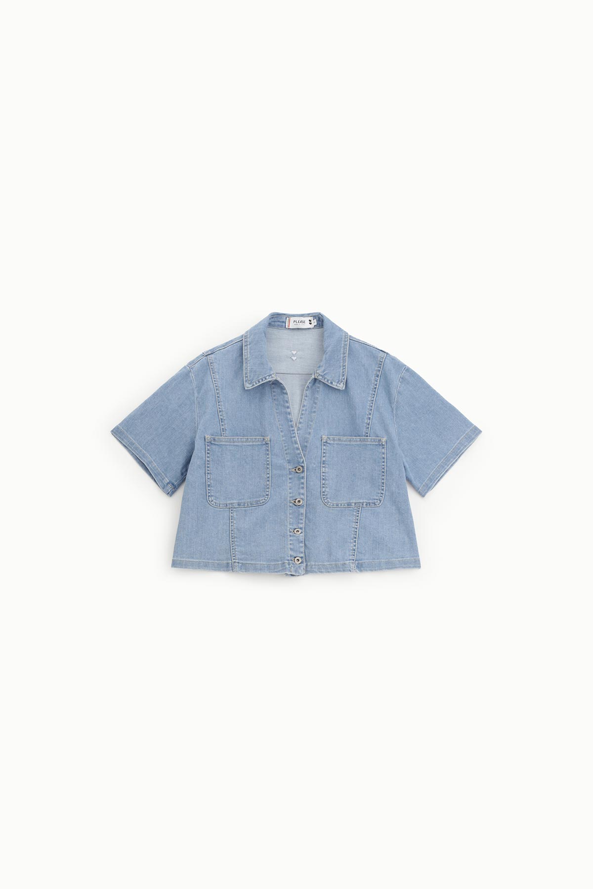 Light-blue cropped short-sleeved denim jacket with button-front closure and two chest patch pockets