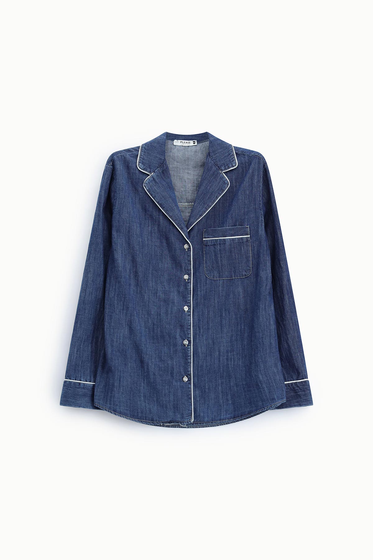 Women's denim pyjama-style shirt with white contrast piping, button-front and chest pocket on white background