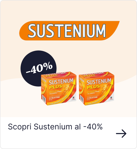 Sustenium logo above two Sustenium Plus boxes with a black -40% discount badge and Italian caption 'Scopri Sustenium al -40%'