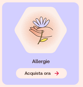 Illustrazione di una mano che tiene un fiore su sfondo pesca. Testo: &ldquo;Allergie&rdquo;. In basso pulsante: &ldquo;Acquista ora&rdquo;.
