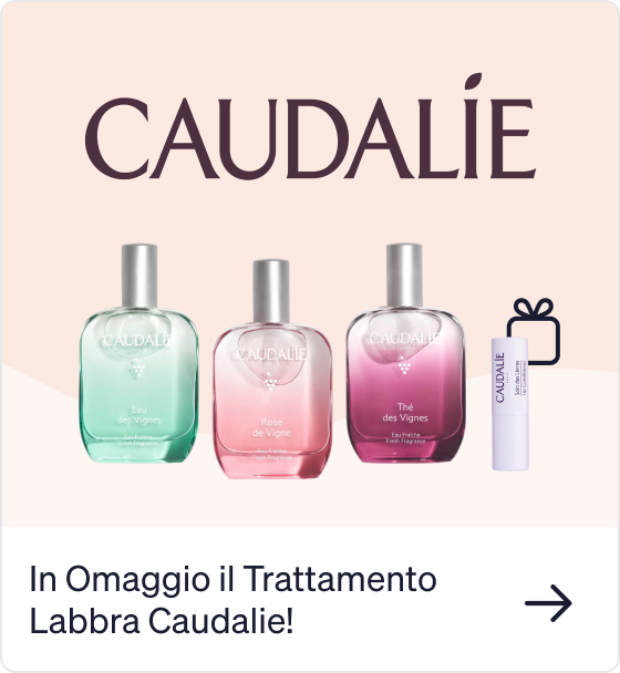 Caudalie logo above three fragrance bottles (Eau des Vignes, Rose de Vigne, Thé des Vignes) with a free Caudalie lip treatment