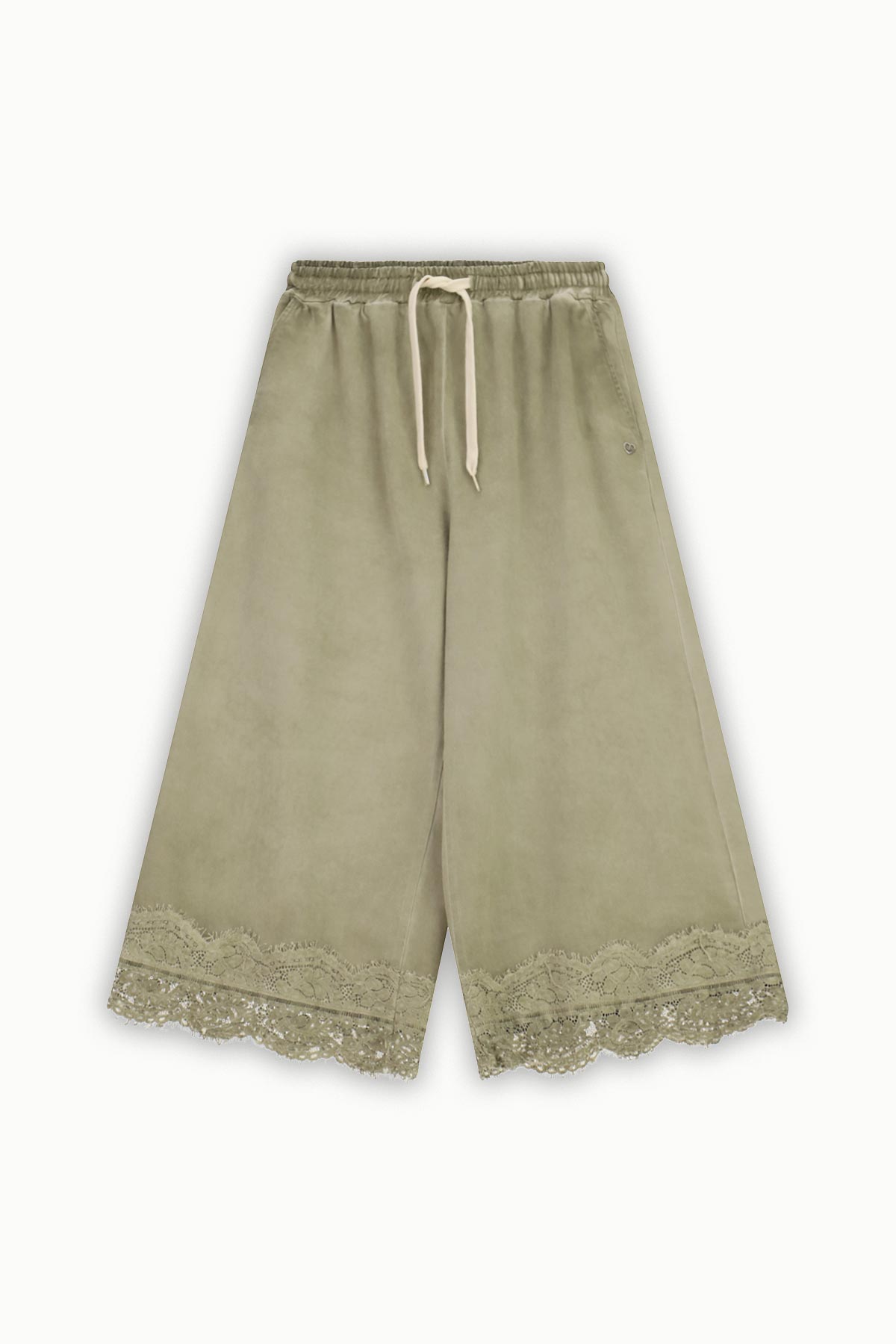 Olive-green wide-leg culotte trousers with elastic drawstring waist and scalloped lace hem, flat-lay on white background