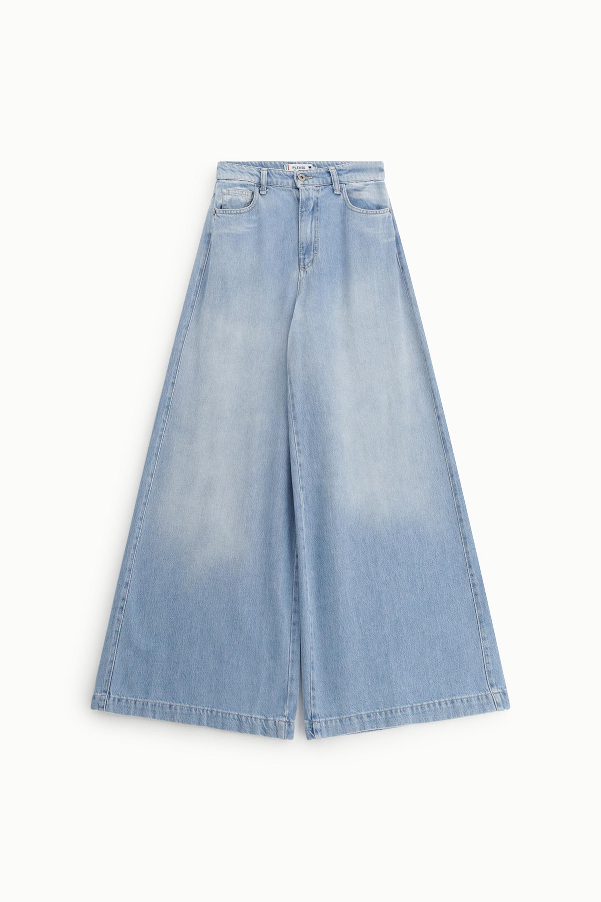 High-waist light-wash wide-leg denim culotte jeans with five-pocket styling and front button fly, laid flat on white background