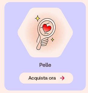 Illustrazione di uno specchio con un cuore al centro su sfondo pesca. Testo: &ldquo;Pelle&rdquo;. In basso pulsante: &ldquo;Acquista ora&rdquo;.