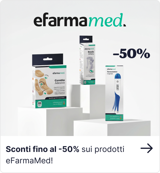 eFarmaMed logo above three products (plasters, nebuliser part, digital thermometer) on white pedestals with large “-50%” discount
