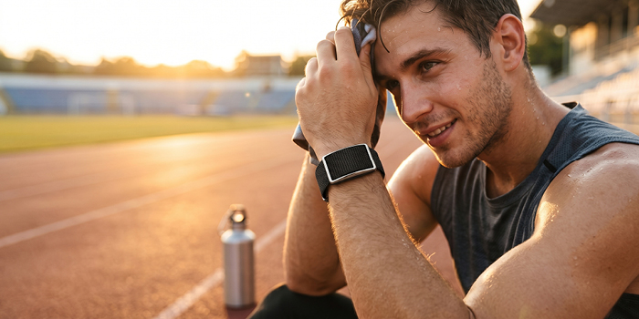 Male athlete cooling down on running track at sunset, wiping sweat with towel, smartwatch and water bottle visible