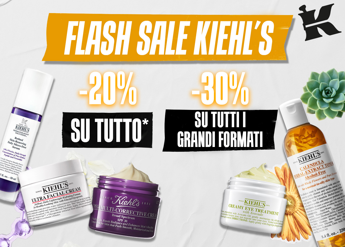 Flash Sale Kiehl's: &minus;20% su tutto il catalogo, &minus;30% su tutti i Grandi Formati