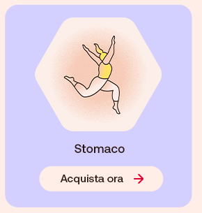 Illustrazione di una persona che salta con energia su sfondo pesca. Testo: &ldquo;Stomaco&rdquo;. In basso pulsante: &ldquo;Acquista ora&rdquo;.