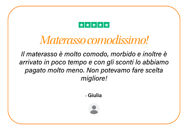 ★★★★★ Materasso comodissimo! Il materasso è molto comodo, morbido e inoltre è arrivato in poco tempo e con gli sconti lo abbiamo pagato molto meno. Non potevamo fare scelta migliore! - Giulia