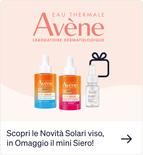 Avène skincare promo showing two Ultra Serum bottles and a mini Hyaluron serum with gift icon, free mini serum offer