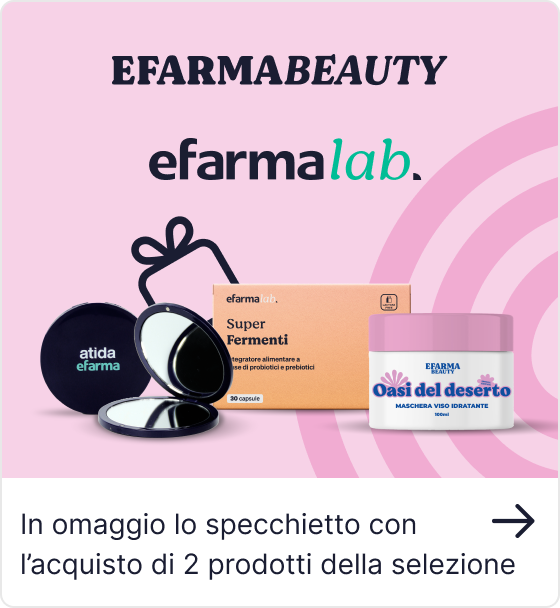 EFARMA Beauty and efarmalab: Super Fermenti capsule box, Oasi del Deserto face mask jar and free compact mirror promotional display