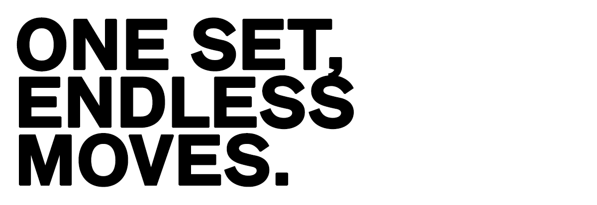 Bold black uppercase text on white background reading 'ONE SET, ENDLESS MOVES.' — typographic slogan