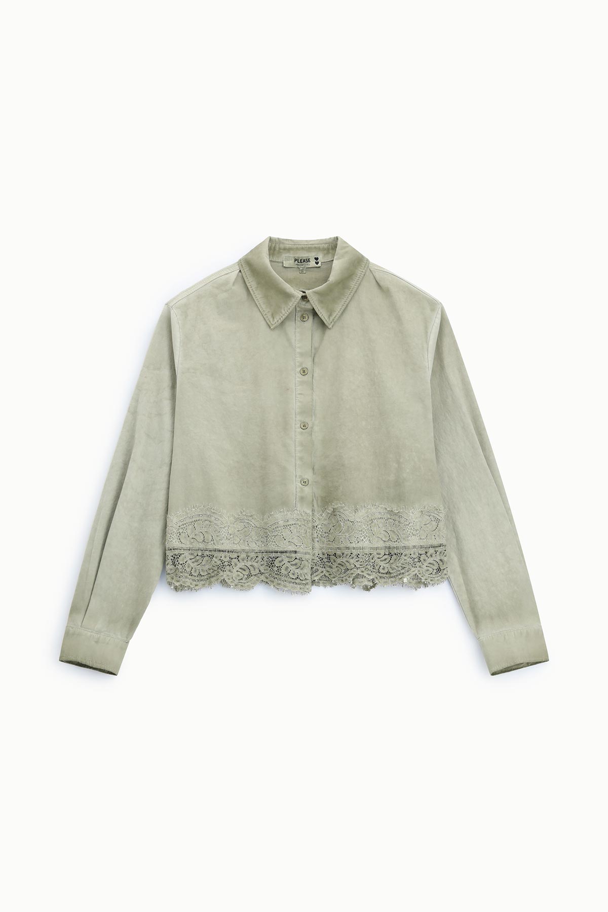 Sage green cropped suede shirt with collar, long sleeves and scalloped lace hem, button-up women's jacket