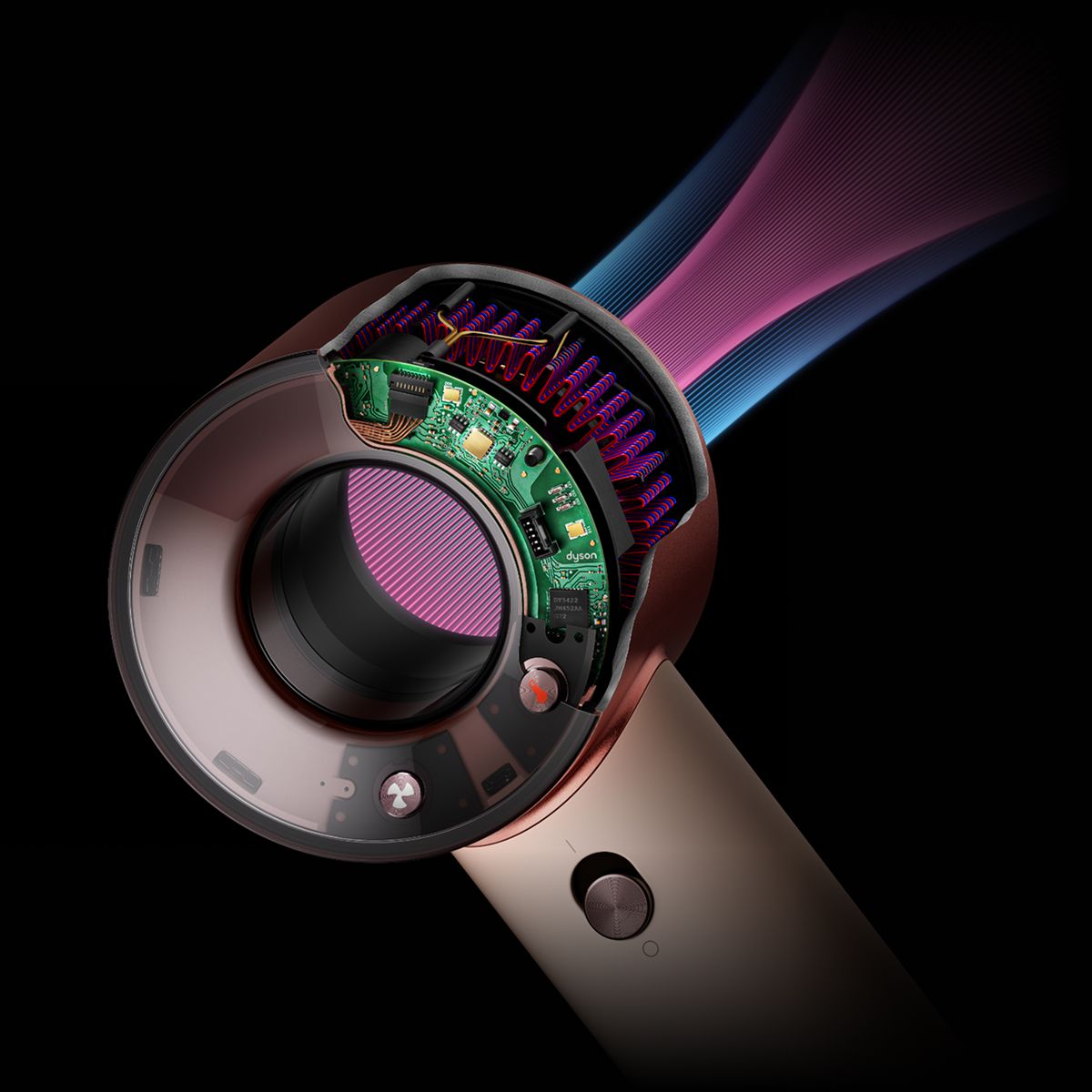 Vista in sezione che mostra la tecnologia di controllo del calore all’interno dell’asciugacapelli Dyson Supersonic Travel.