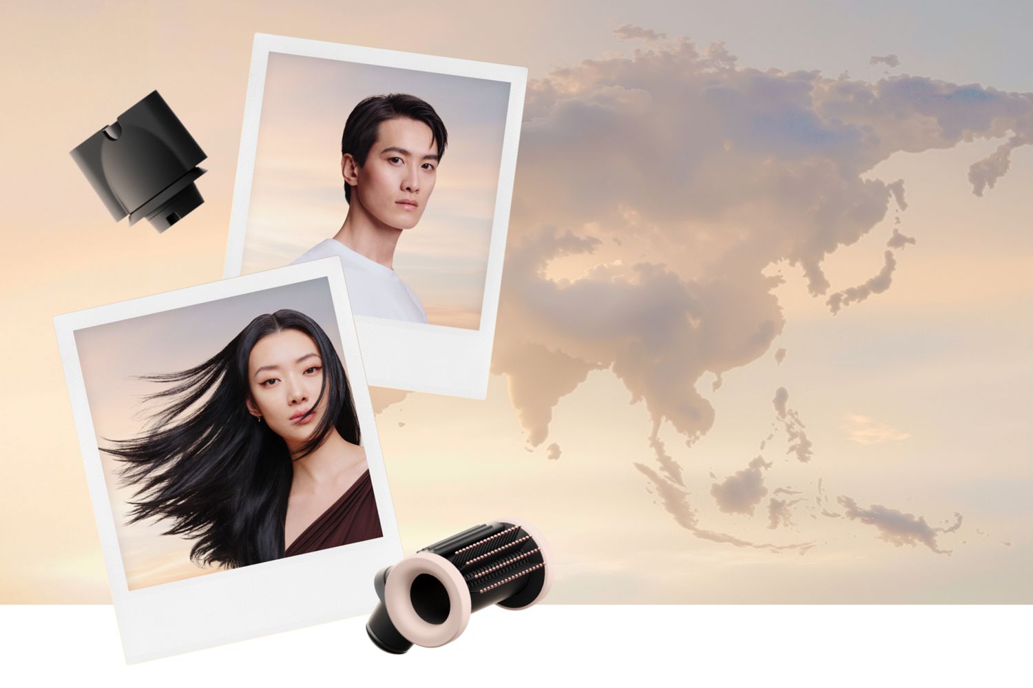 Polaroid di modelle accanto agli accessori di Dyson Supersonic e nuvole che rappresentano un planisfero.