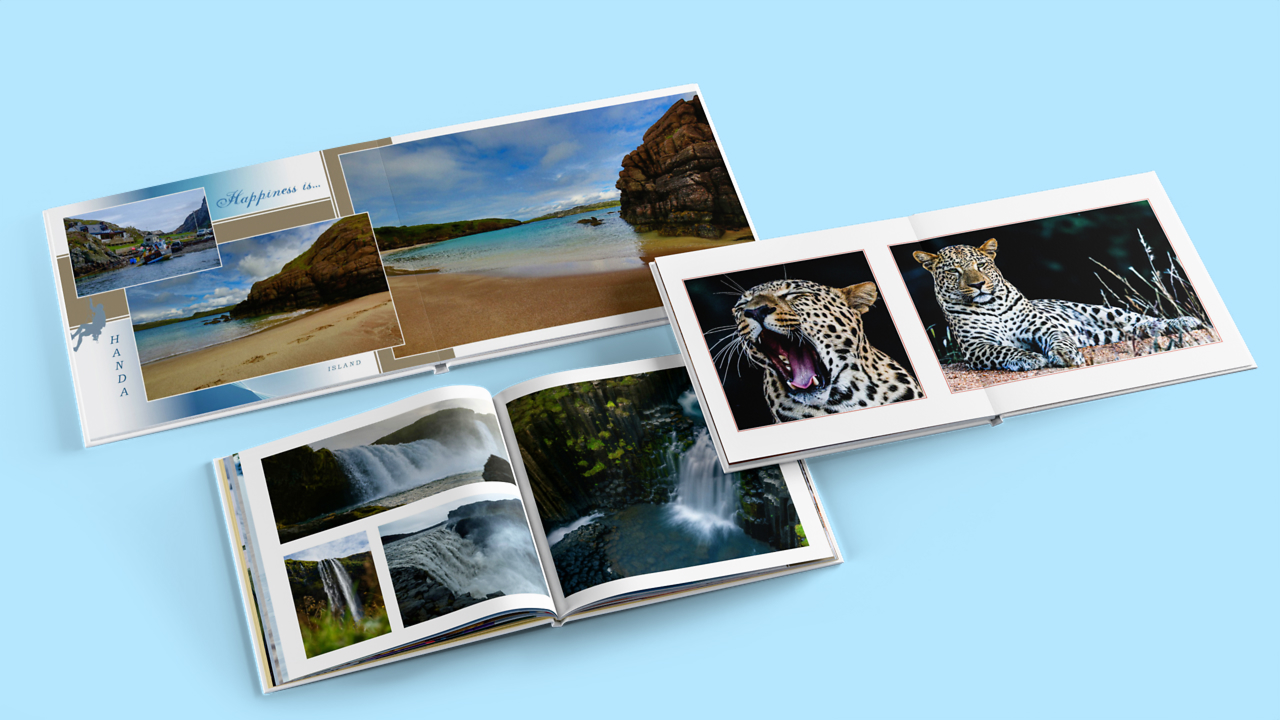 Mix di Fotolibri Pixum in diversi formati con foto di panorami, viaggi