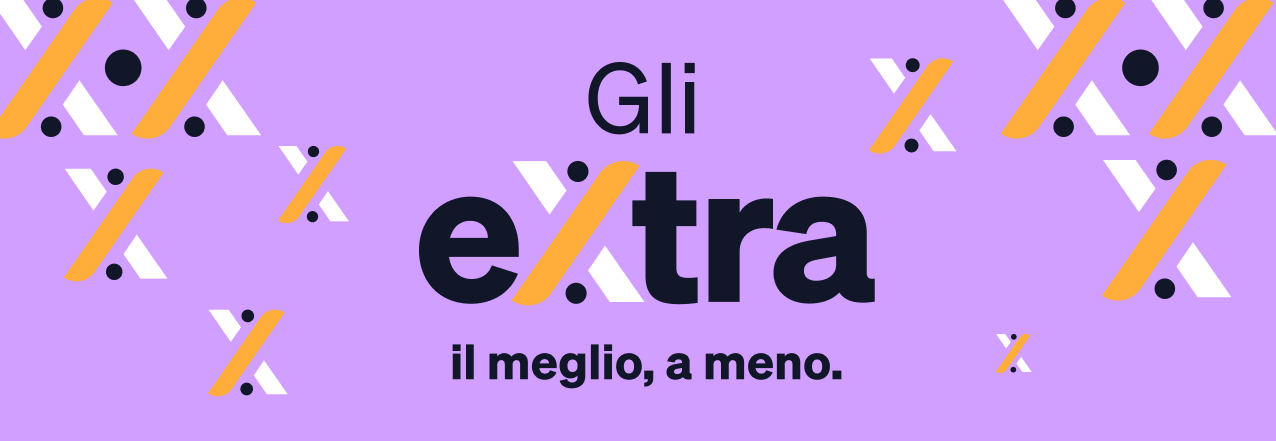 Repeating purple background with 'Gli extra' logo and slogan "il meglio, a meno." alongside yellow and white decorative X motifs