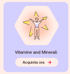 Illustrazione di una persona stilizzata circondata da simboli di energia su sfondo pesca. Testo: &ldquo;Vitamine and Minerali&rdquo;. In basso pulsante: &ldquo;Acquista ora&rdquo;.