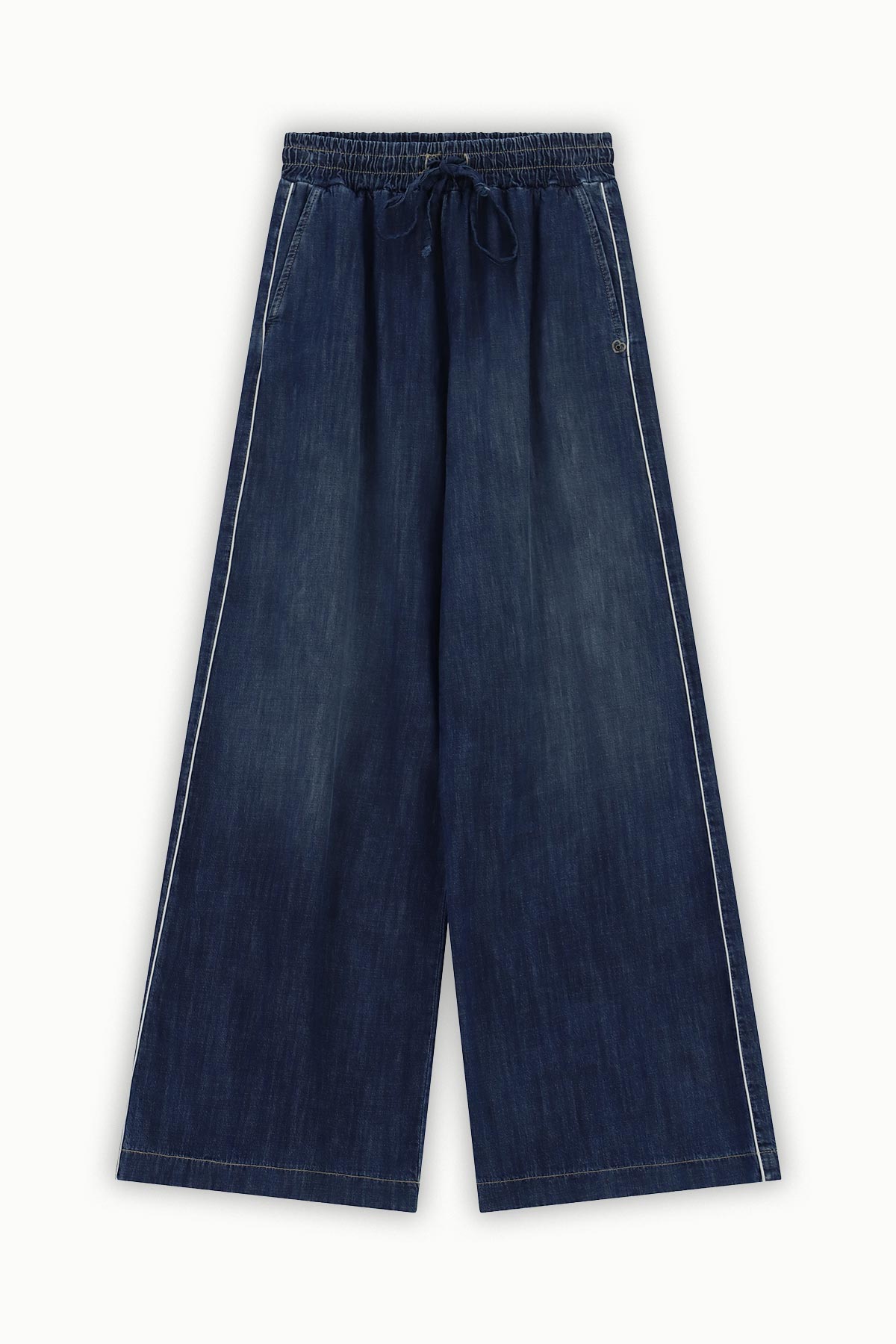 Dark indigo wide-leg denim trousers with elastic drawstring waist and white contrast side stitching