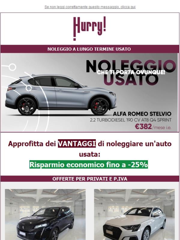 💲FINO al -25% sul NOLEGGIO DI UN' AUTO USATA🚘: Stelvio, A3 SBack, Gla, e tante altre!