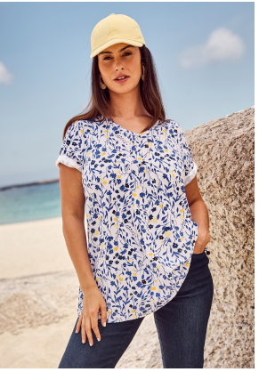 T-shirt a fiori con pieghe decorative, scollatura a V e mezze maniche