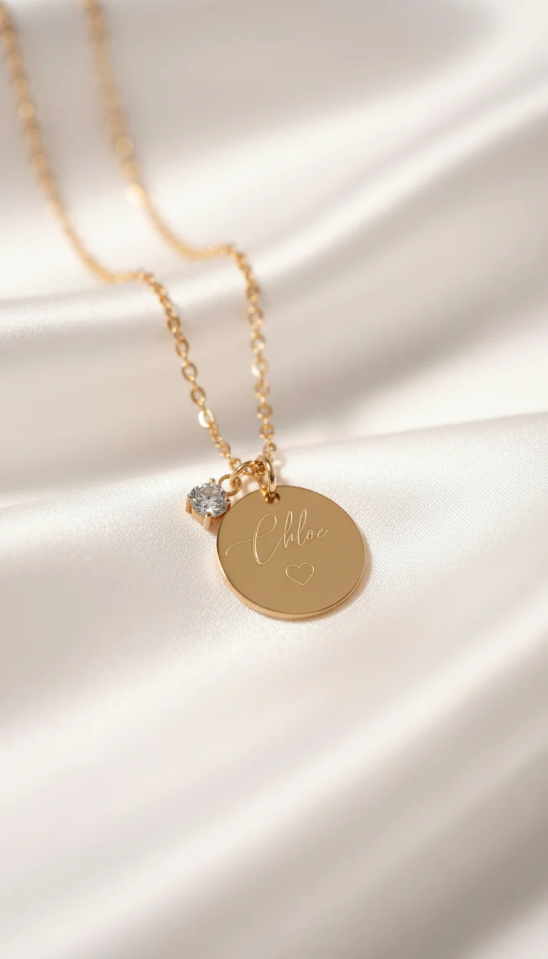 Image of Collana Catena Disco Zircone Personalizzata Con Nome e Cuore - Infants