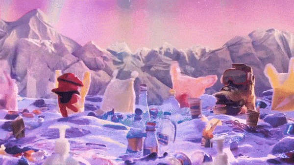 Animazione con personaggi stilizzati tra ghiaccio e contenitori Kiehl&rsquo;s riciclati, che rappresenta l&rsquo;impegno del brand per la sostenibilit&agrave; e la riduzione dei rifiuti.