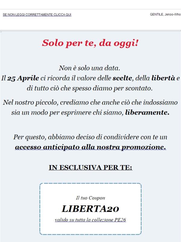 Un vantaggio per te: -20% su PE26