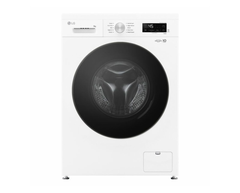 LG 9kg white front-loading washing machine with large black circular door, digital control panel and stainless drum visible