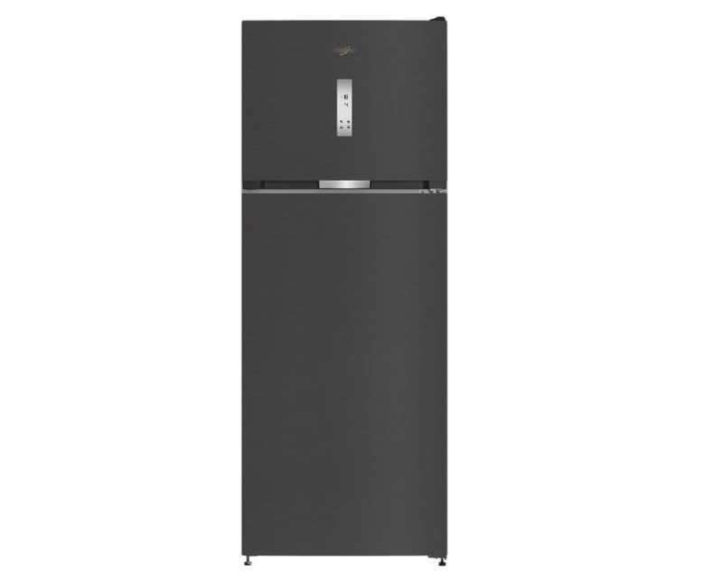 Tall matte black double-door refrigerator with top freezer, digital control panel and stainless-steel handle