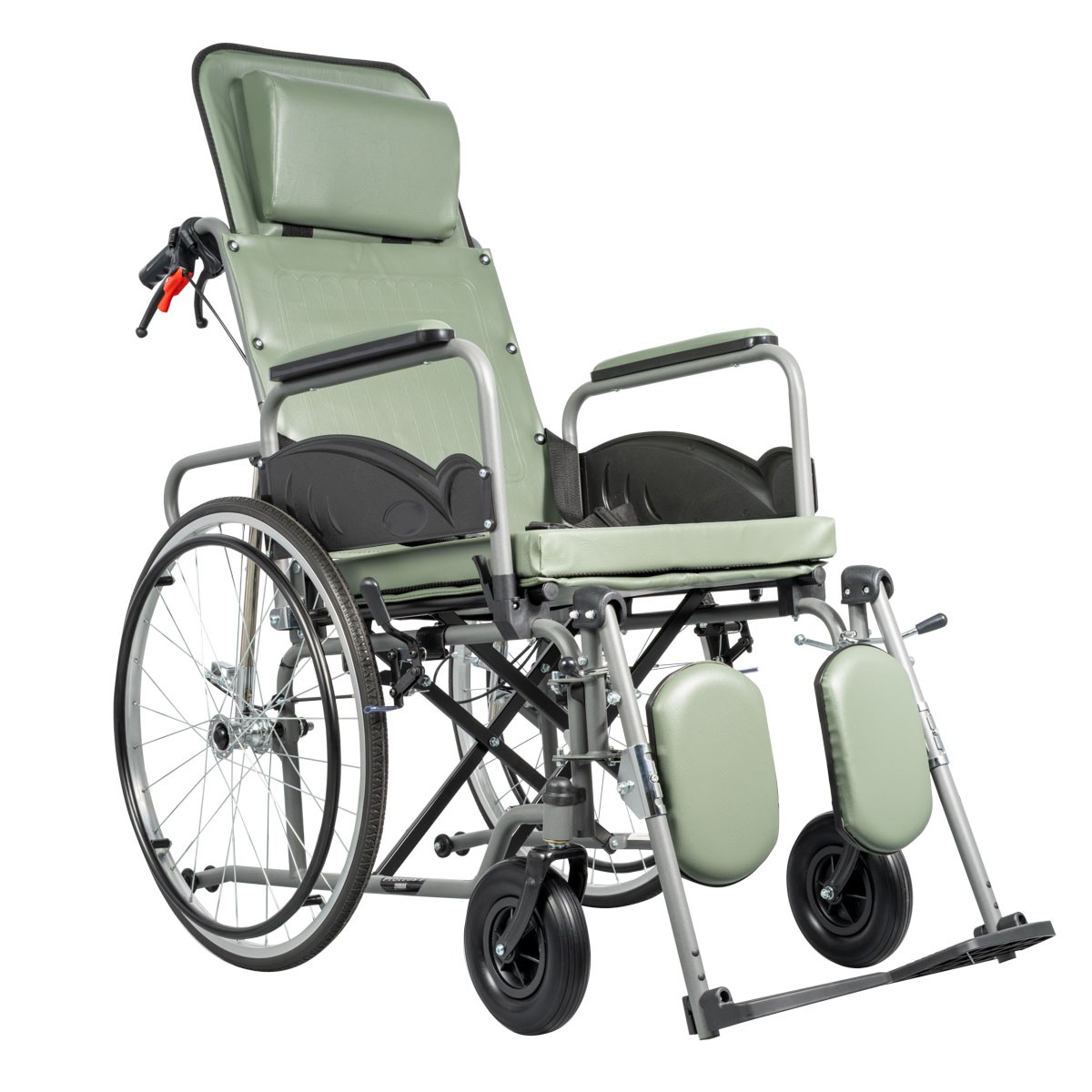 Sedia a rotelle reclinabile ad autospinta verde con supporto testa e poggiapiedi elevabili