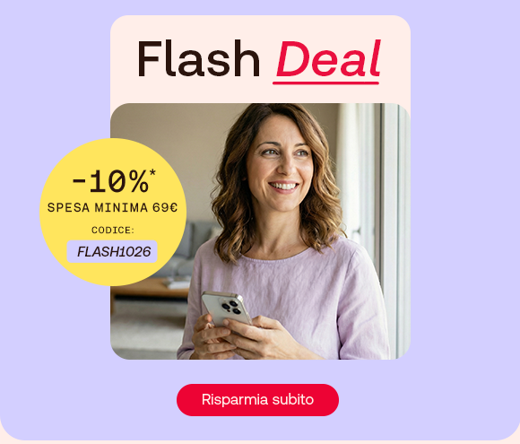 Grafica promozionale con il titolo "Flash Deal". Tre sconti visibili in cerchi gialli: -10% con spesa minima di 69&euro; (codice APRILE1026), -12% con spesa minima di 69&euro; (codice APRILE1226),. A destra, un&rsquo;illustrazione di una scatola aperta con elementi colorati che saltano fuori, accompagnata da un'icona a forma di cuore. In basso un pulsante rosso con la scritta &ldquo;Risparmia subito&rdquo;.