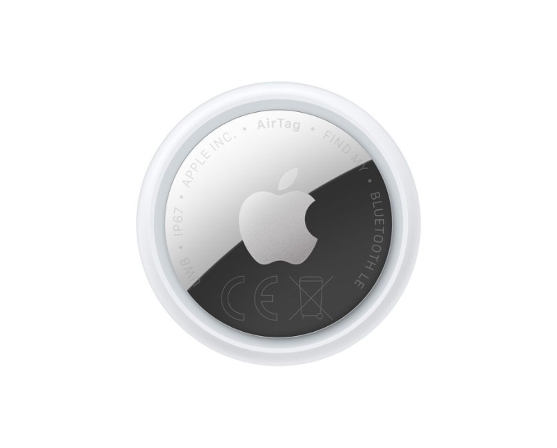 Apple AirTag Bluetooth tracker showing silver Apple logo on a white circular casing against a white background